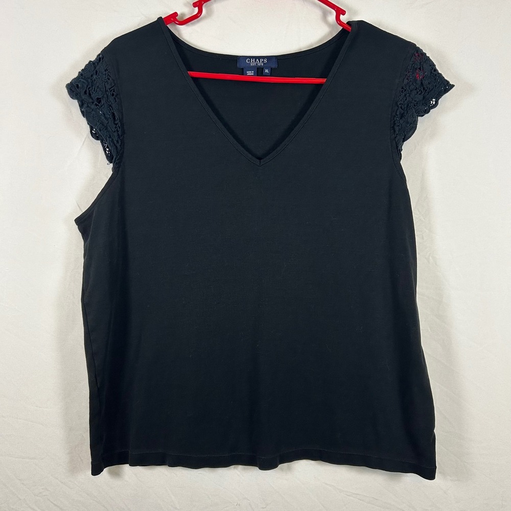 Chaps Womens XL Black‎ V-Neck Crochet Lace Cap Sleeve Cotton Knit Top Blouse